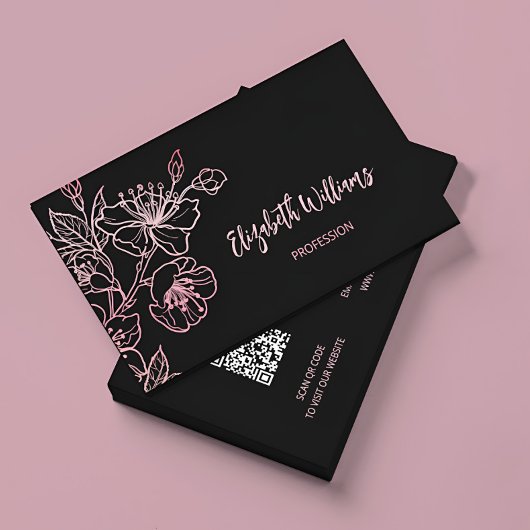 Carte De Visite Rose Gold Blush Rose Noir Floral | Code QR