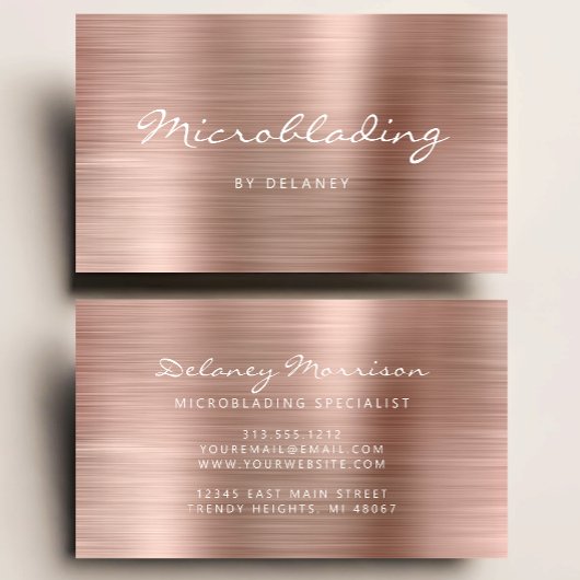 Carte De Visite Rose Gold Brushed Metal Script Microblading