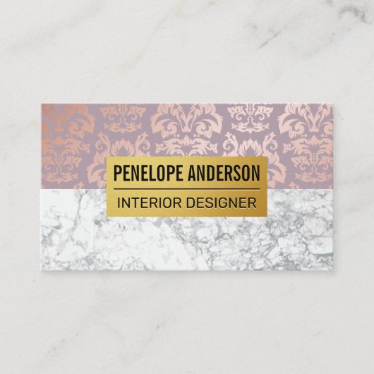 Carte De Visite Rose Gold Damask Motif métallique | MARBRE BLANC (Devant)