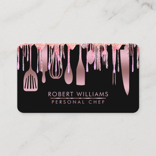 Carte De Visite Rose Gold Drift Chef Cuisine Outils Parties scinti (Devant)