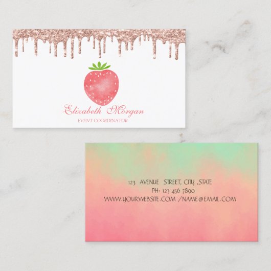 Carte de visite Rose Gold Drips Fraise (Devant / Derrière)