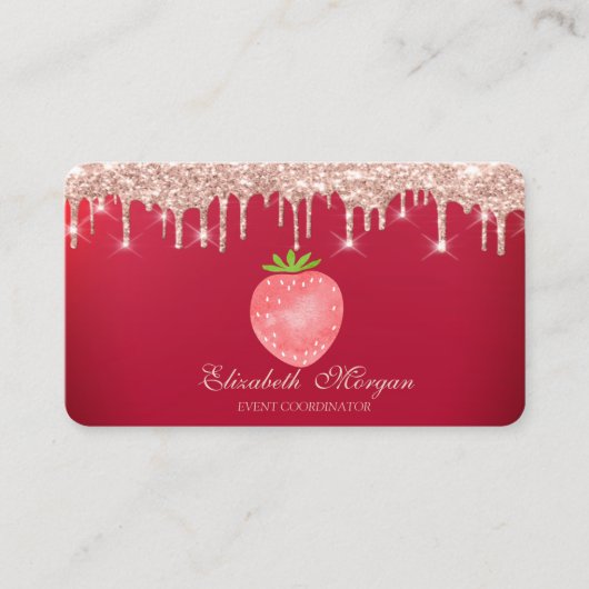 Carte De Visite Rose Gold Drips Fraise Rouge (Devant)
