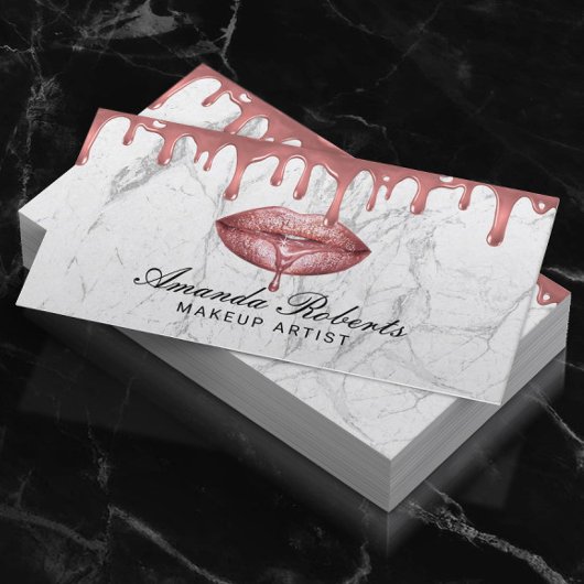 Carte De Visite Rose Gold Drips Marbre blanc Maquillage Artiste