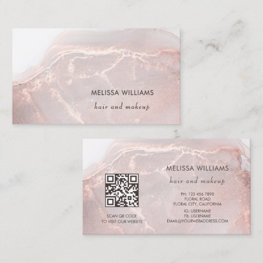 Carte De Visite Rose Gold  Encre Marbre | Code QR (Devant / Derrière)