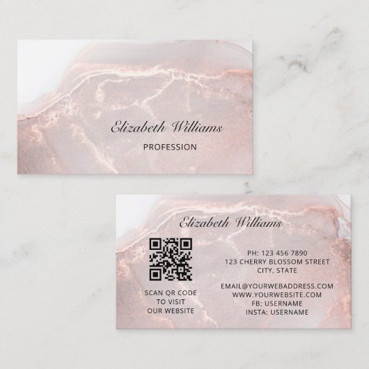 Carte De Visite Rose Gold Encre Marbre | Code QR (Devant / Derrière)