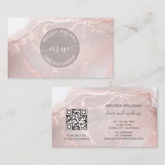 Carte De Visite Rose Gold  Encre Marbre | Code QR (Devant / Derrière)