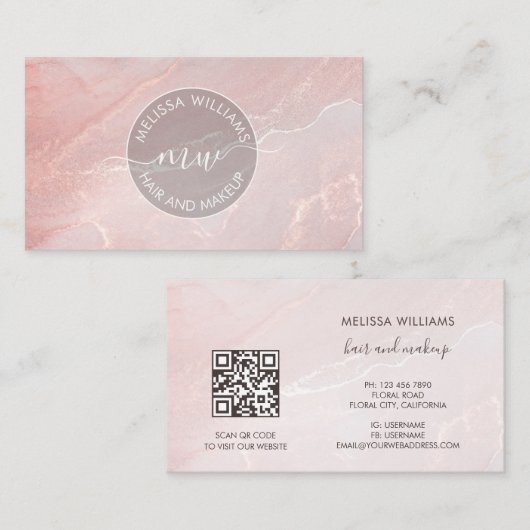 Carte De Visite Rose Gold Encre Marbre | Code QR (Devant / Derrière)
