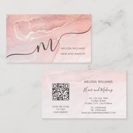 Carte De Visite Rose Gold Encre Marbre | Code QR (Devant / Derrière)