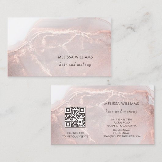 Carte De Visite Rose Gold Encre Marbre | Code QR (Devant / Derrière)