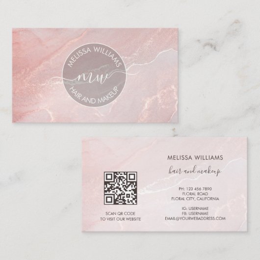 Carte De Visite Rose Gold Encre Marbre | Code QR (Devant / Derrière)