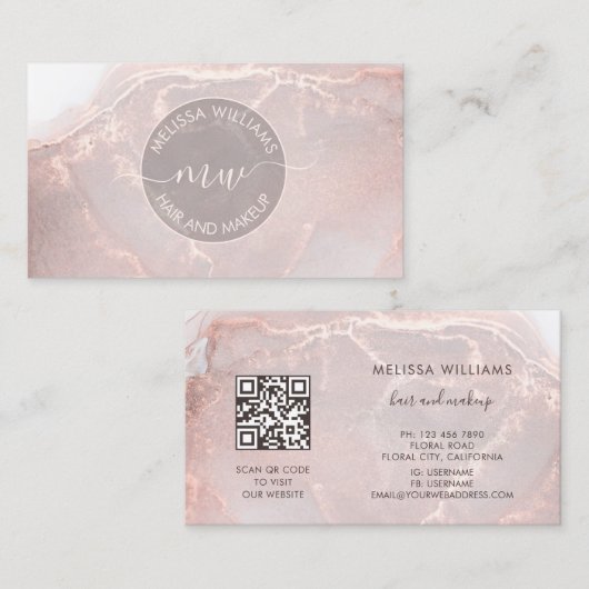 Carte De Visite Rose Gold Encre Marbre | Code QR (Devant / Derrière)