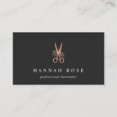 Carte De Visite Rose Gold Floral Ciseaux Logo Coiffeur (Devant)