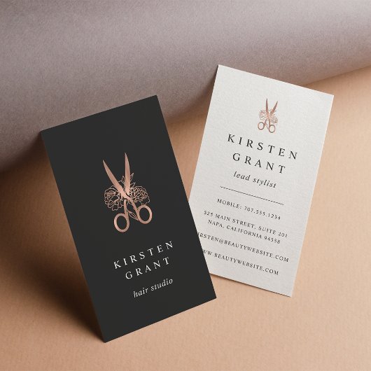 Carte De Visite Rose Gold Floral Ciseaux Logo Coiffeur