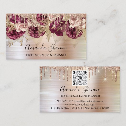 Carte De Visite Rose Gold Flowers broyé Drip QR CODE Logo (Devant / Derrière)
