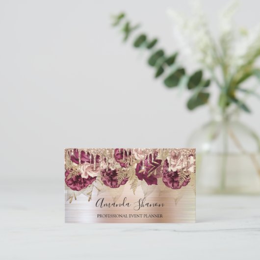 Carte De Visite Rose Gold Flowers broyé Drip QR CODE Logo (Debout devant)