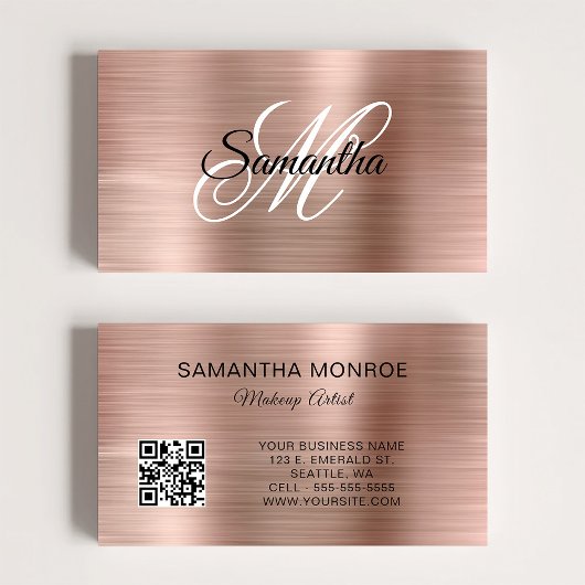 Carte De Visite Rose Gold Foil Fancy Monogram QR Code