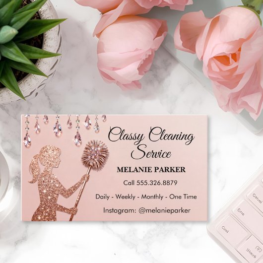 Carte De Visite Rose Gold Glitter Classy Cleaning Services