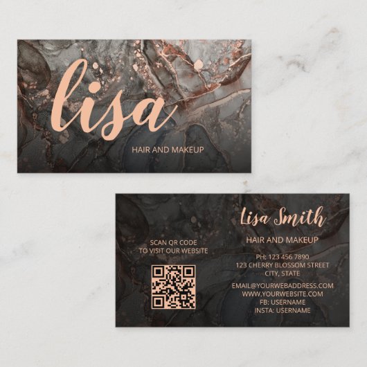 Carte De Visite Rose Gold Gray Ink Marble Scan QR Code Business Ca (Devant / Derrière)