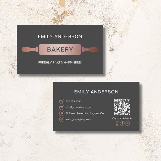 Carte De Visite Rose Gold Gris Rolling Pin Boulangerie QR Code