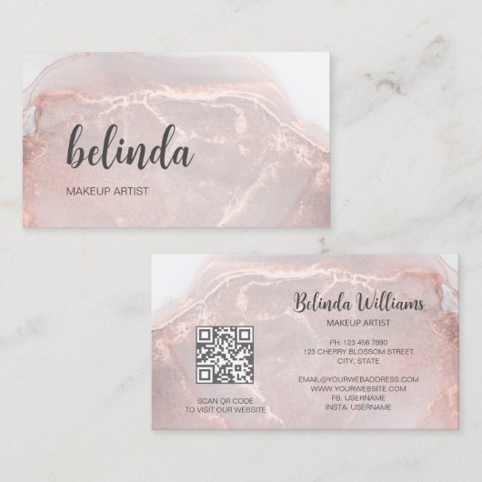 Carte De Visite Rose Gold Ink Marble | QR Code (Devant / Derrière)