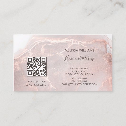 Carte De Visite Rose Gold  Ink Marble | QR Code (Dos)