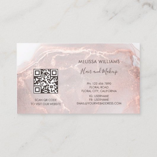 Carte De Visite Rose Gold  Ink Marble | QR Code (Dos)