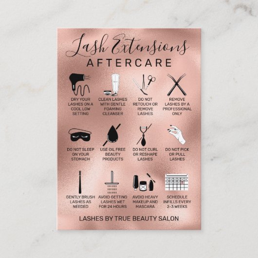 Carte De Visite Rose Gold Lash Extensions métalliques Aftercare Ic (Devant)