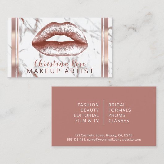 Carte De Visite Rose Gold Lips Marbre maquillage Artiste Cosmetolo (Devant / Derrière)
