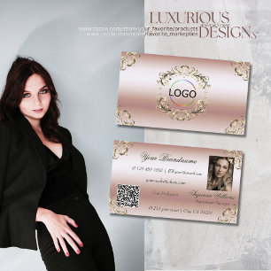 Carte De Visite Rose Gold Luxueux Logo Orné Photo et Code QR
