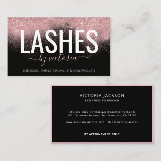 Carte De Visite Rose Gold Parties scintillant Eyelashes Technicien (Devant / Derrière)