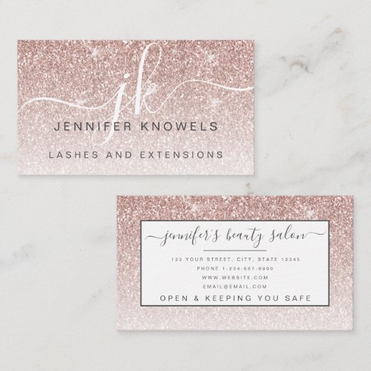 Carte De Visite Rose Gold Parties scintillant Lashes Monogramme Op (Devant / Derrière)