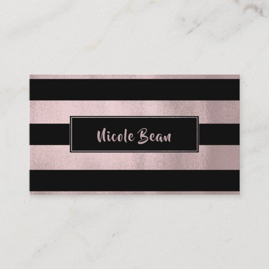 Carte De Visite Rose Gold Rose & Black Stripes Chic Design Glam (Devant)