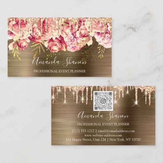Carte De Visite Rose Gold Rose Fleurs Brown Drip QR CODE Logo (Devant / Derrière)