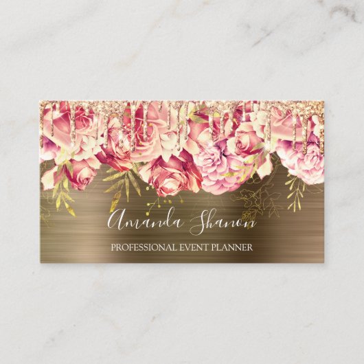 Carte De Visite Rose Gold Rose Fleurs Brown Drip QR CODE Logo (Devant)