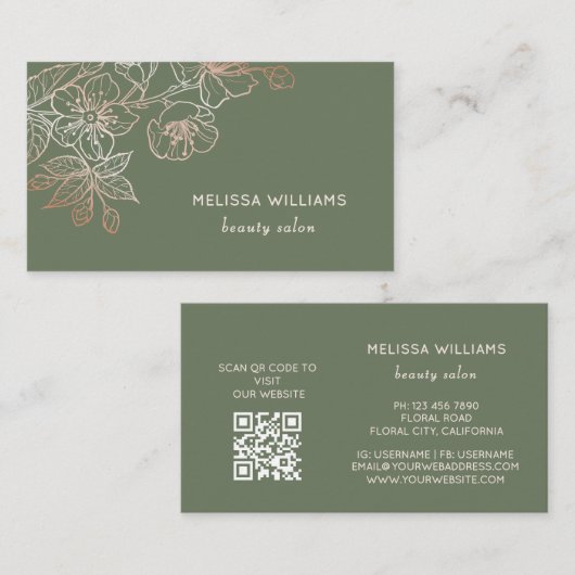 Carte De Visite Rose Gold Sage Green Line Art Floral  | Code QR (Devant / Derrière)