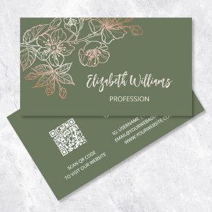 Carte De Visite Rose Gold Sage Vert Ligne Art Floral    Code QR