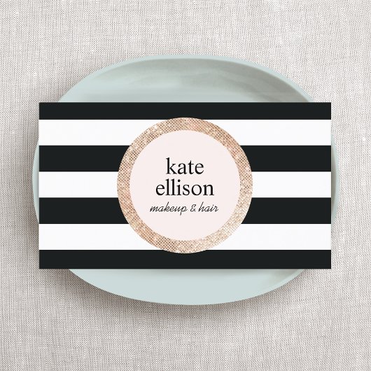 Carte De Visite Rose Gold Sequin Black White Strity Salon de beaut