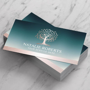 Carte De Visite Rose Gold Tree Logo Turquoise Wellness Salon Spa