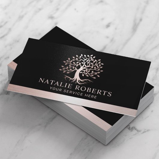 Carte De Visite Rose Gold Tree Root Logo Wellness Salon & Spa