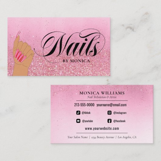 Carte De Visite Rose manucuriste Nail Tech Red Glam Parties scinti (Devant / Derrière)