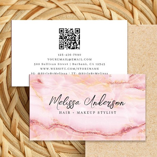 Carte De Visite Rose Marbre rose Luxe Code QR esthétique