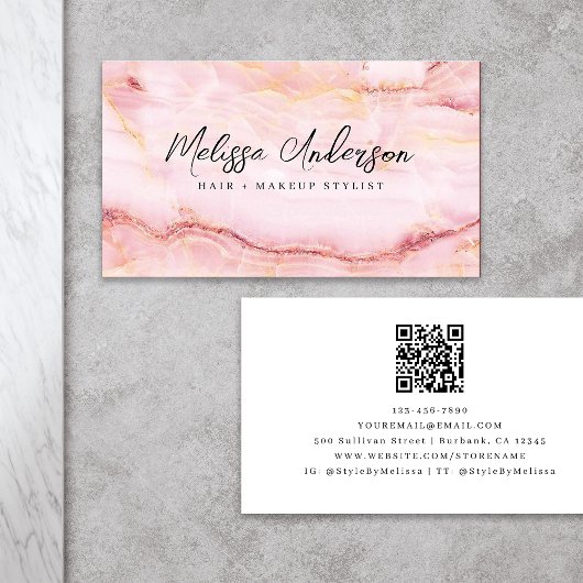 Carte De Visite Rose Marbre rose Luxe Code QR esthétique