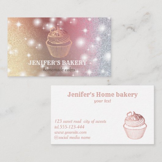 Carte De Visite Rose moderne or glittery cupcake boulangerie maiso (Devant / Derrière)