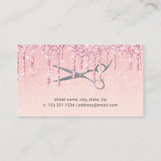 Carte De Visite Rose moderne parties scintillant cheveux et ciseau (Dos)