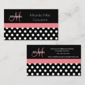Carte De Visite Rose noir blanc Polka point Monogramme (Devant / Derrière)
