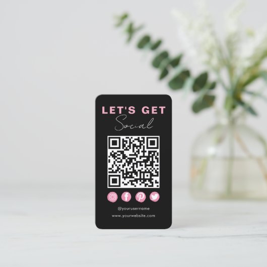 Carte De Visite Rose Noir Moderne Connectez-Vous Avec Nous Code QR (Debout devant)