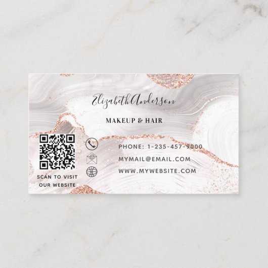 Carte De Visite Rose or agate marbre QR code élégant (Dos)