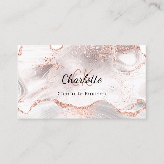 Carte De Visite Rose or blanc agate marbre noir code QR (Devant)