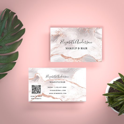 Carte De Visite Rose or blanc agate marbre QR code