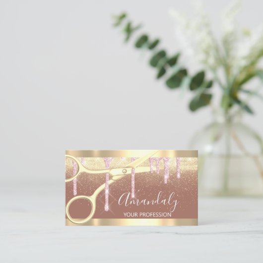 Carte De Visite Rose Or de ciseaux de coiffeur moderne (Debout devant)